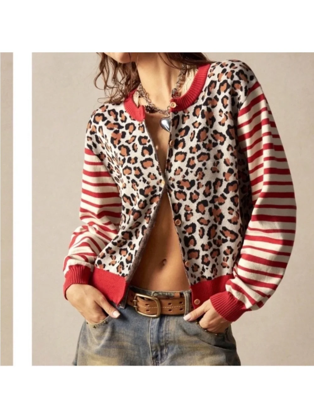 Leopard Print Button Down Striped Loose Fit Cardigan S M L new